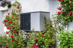 a heat pump outside of a home surrounded by flowers