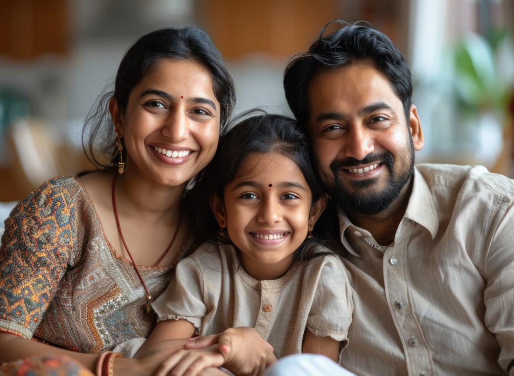 A smiling family of three sits close together indoors, facing the camera. A woman on one side and a man on the other lean in toward a young girl seated between them, their heads gently touching. All three have warm expressions, with the child smiling brightly while resting her hands in front of her. The adults wear casual clothing, and subtle cultural details such as small forehead markings and traditional-style attire are visible. The background is softly blurred, suggesting a comfortable home setting with warm, natural lighting.